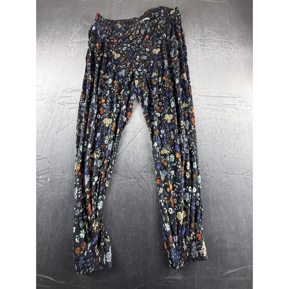 H&M Women XL Floral Jogger Pants Smocked Waist Tapered Viscose Black Multi-Color